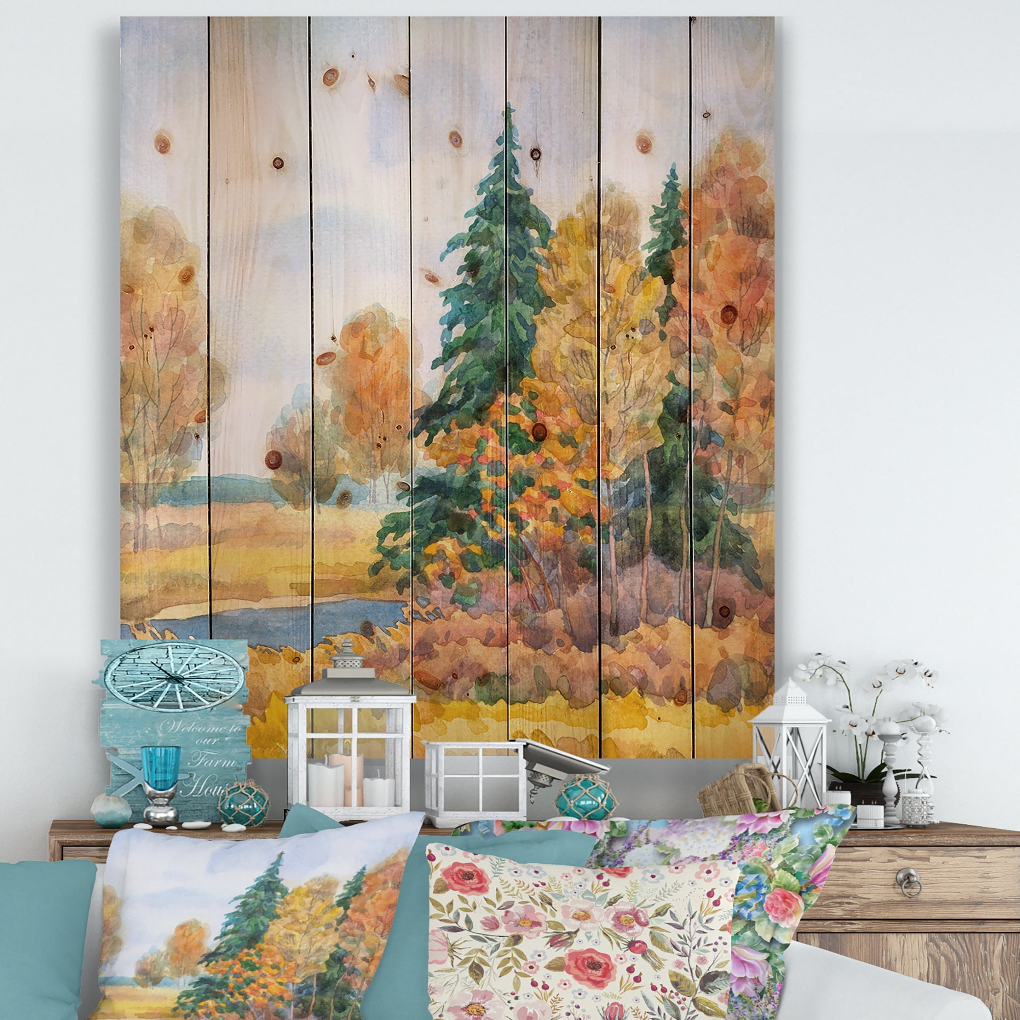 Designart 'Autumn Forest By The Lake Side V' Lake House Print on Natural Pine Wood