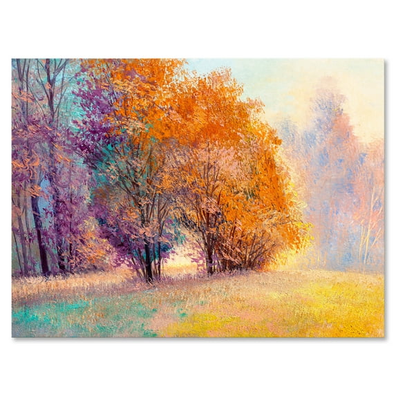 Designart ' Autumn Forest Orange Leaves Landscape ' Lake House Canvas Wall Art Print