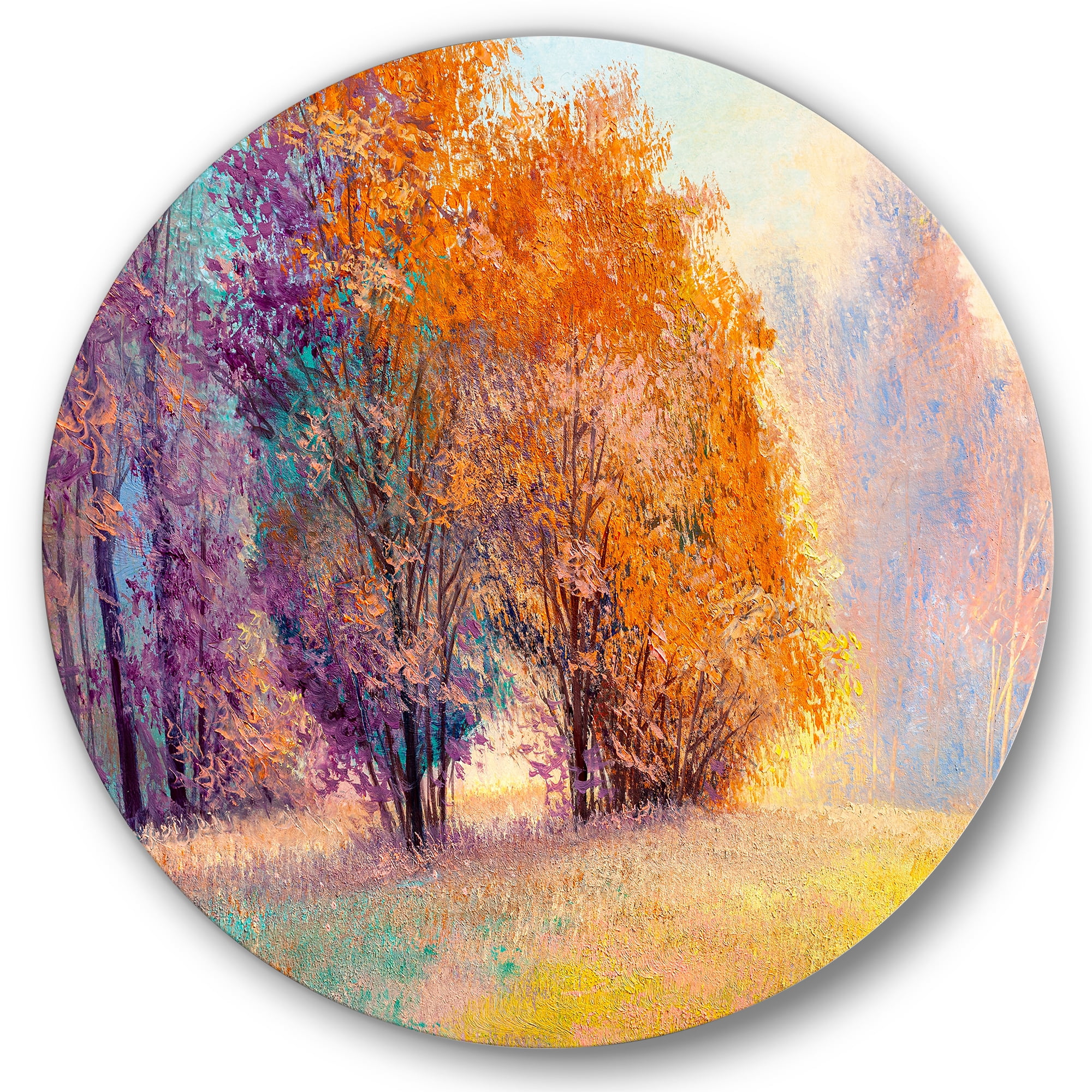 Designart 'Autumn Forest Orange Leaves Landscape' Lake House Circle Metal Wall Art 11x11 - Disc of 11