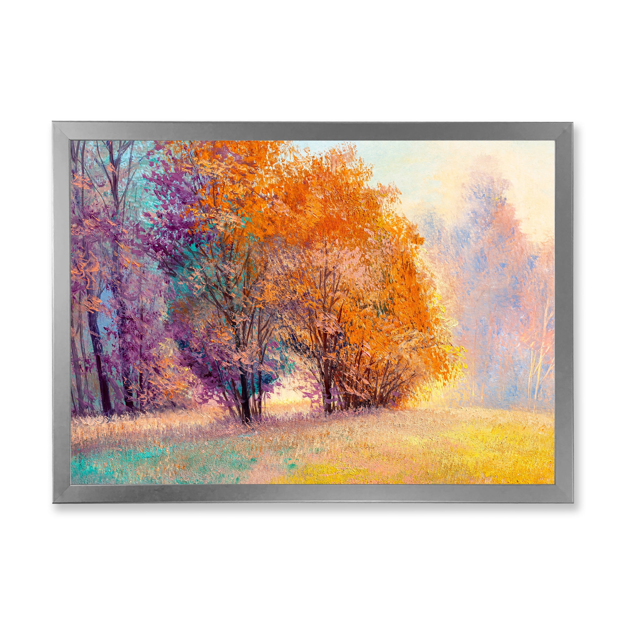 Designart 'Autumn Forest Orange Leaves Landscape' Lake House Framed Art Print