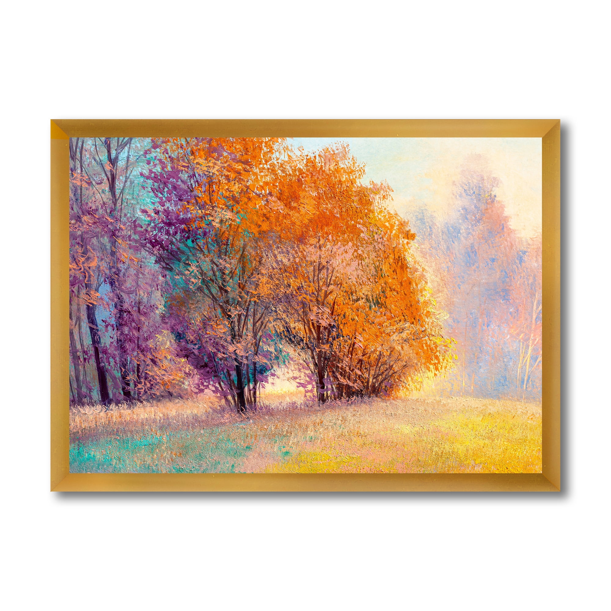 Designart 'Autumn Forest Orange Leaves Landscape' Lake House Framed Art Print