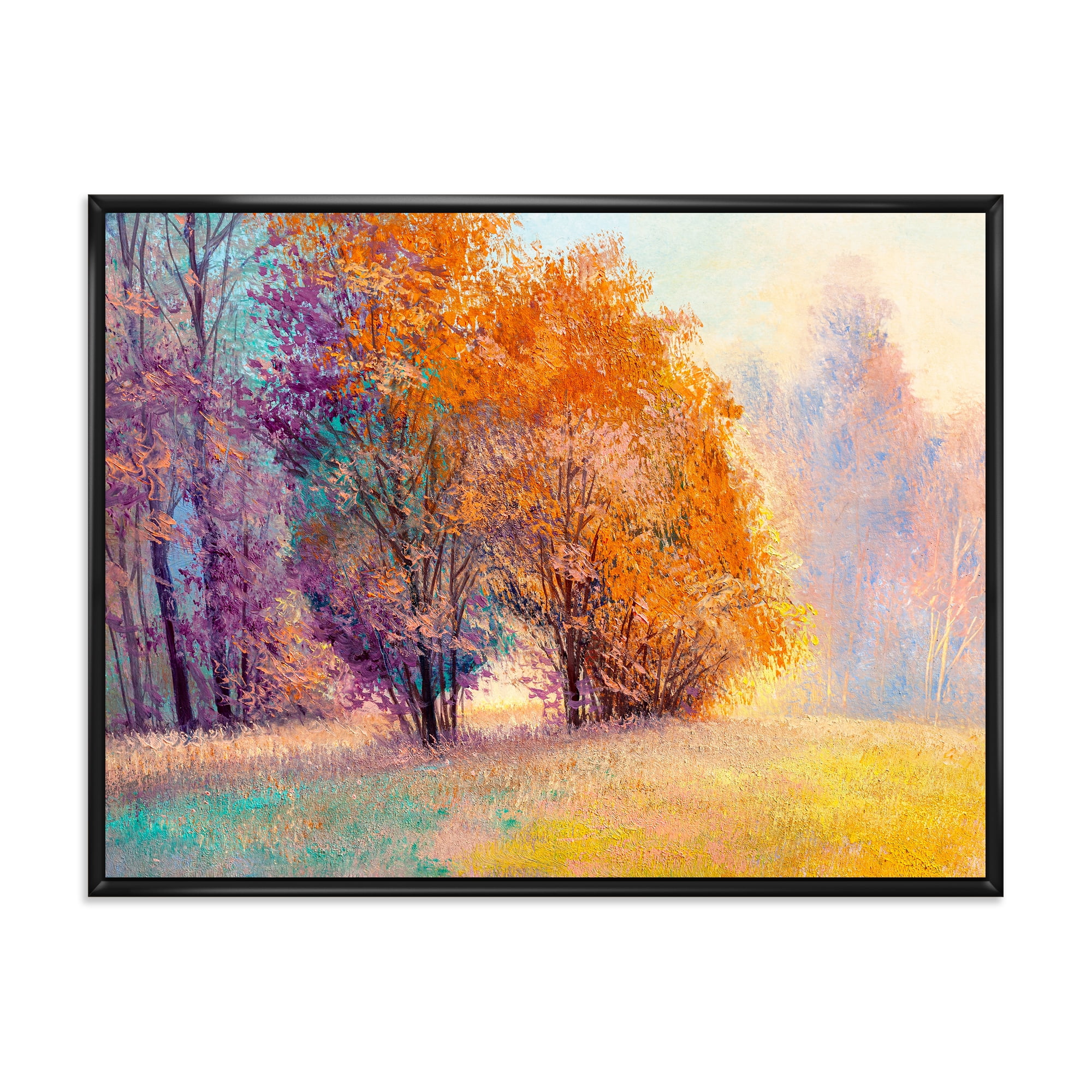 Designart 'Autumn Forest Orange Leaves Landscape' Lake House Framed Canvas Wall Art Print