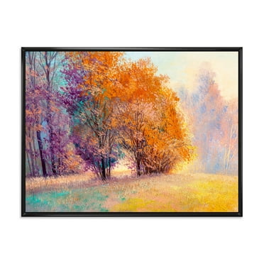 Designart 'Autumn Forest Orange Leaves Landscape' Lake House Framed Canvas Wall Art Print