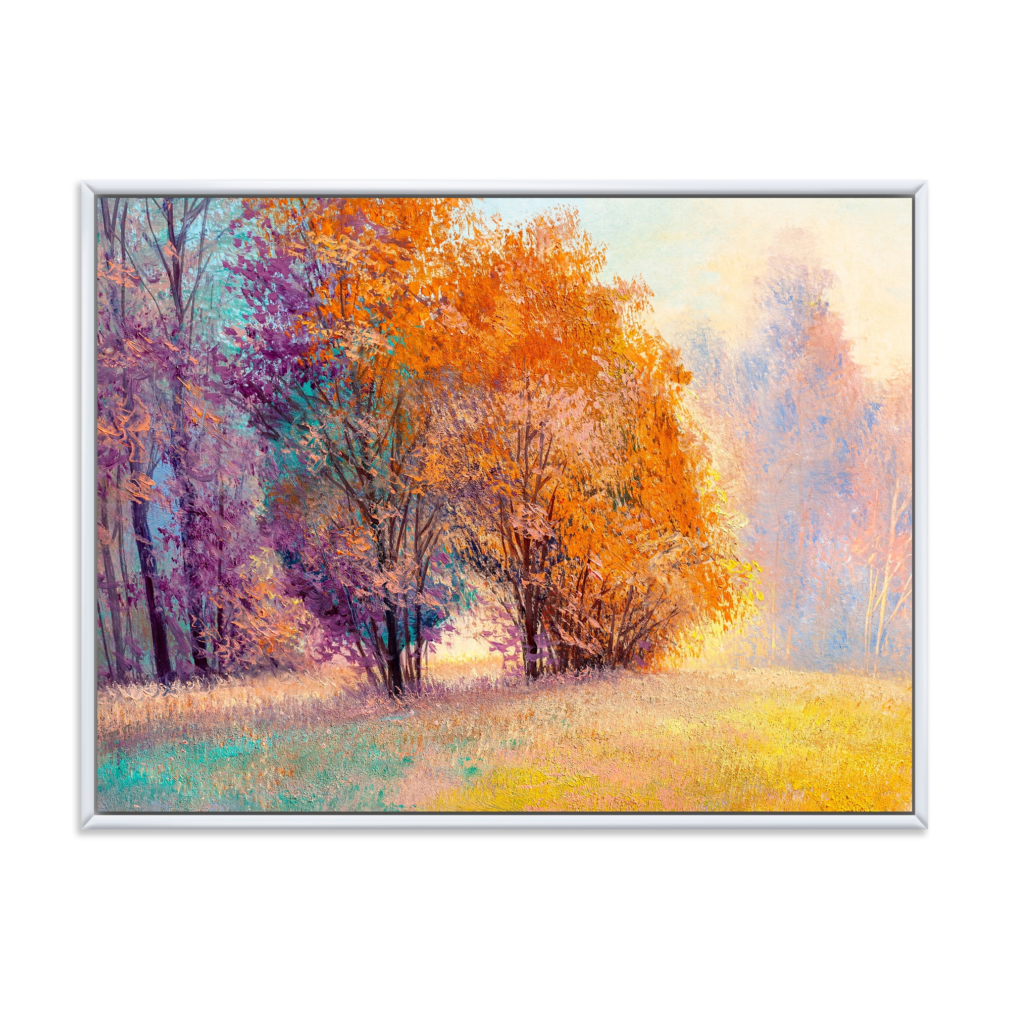 Designart 'Autumn Forest Orange Leaves Landscape' Lake House Framed Canvas Wall Art Print