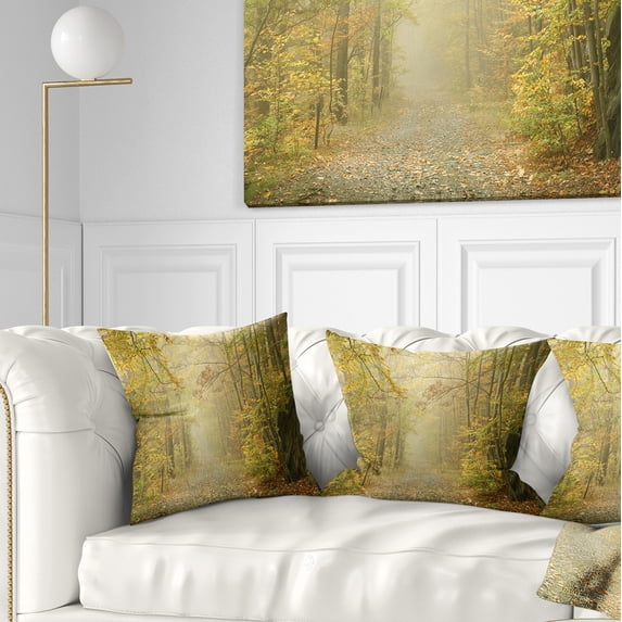 Designart Autumn Forest Path on Misty Morning - Landscape Photography Throw Pillow - 16x16