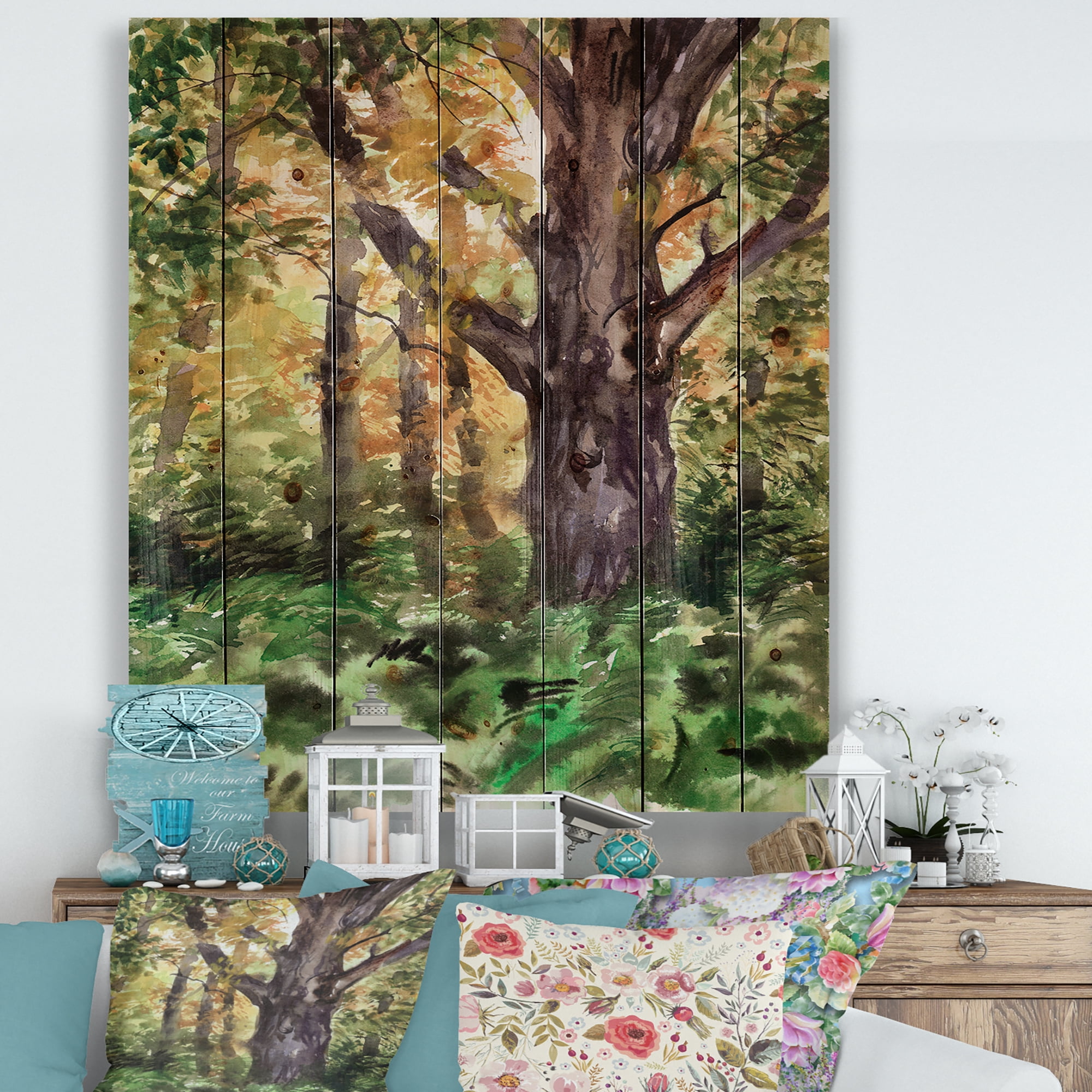 Designart 'Autumn Forest With A Large Tree' Lake House Print on Natural Pine Wood