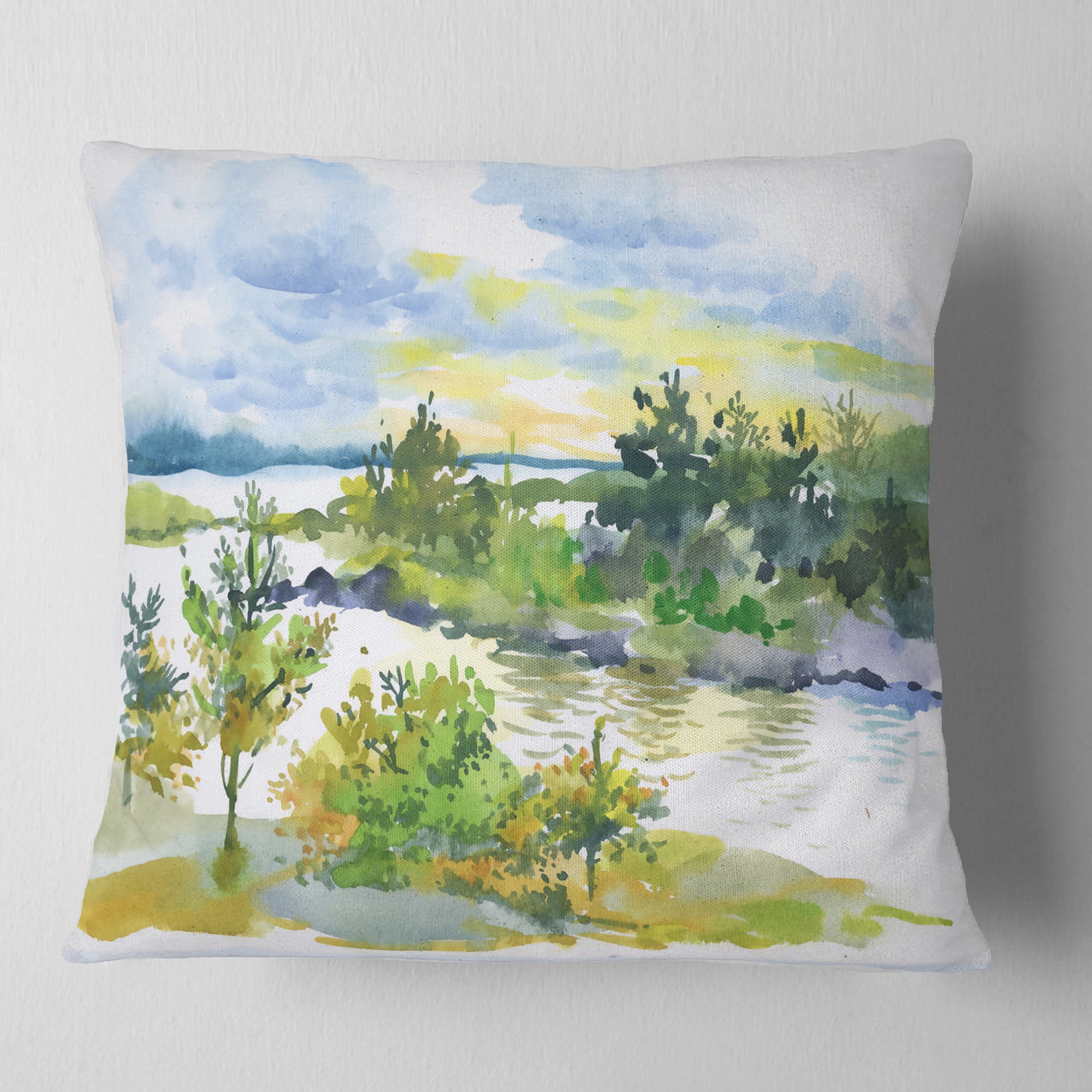 Designart Autumn Forest and Lake Watercolor - Landscape Printed Throw Pillow - 18x18
