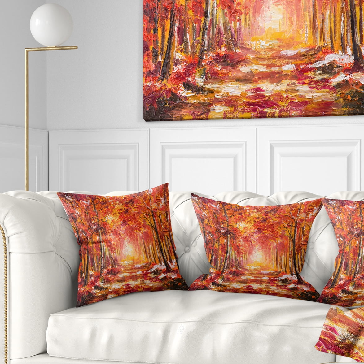 Designart Autumn Forest in Red Shade - Landscape Printed Throw Pillow - 16x16