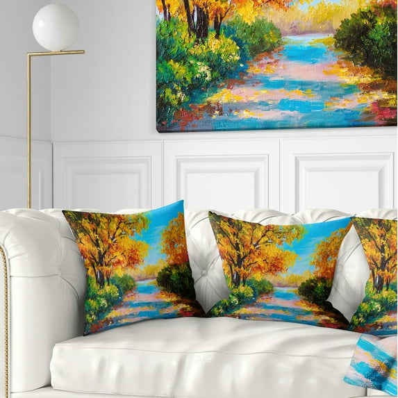 Designart Autumn Forest with Colorful River - Landscape Printed Throw Pillow - 16x16