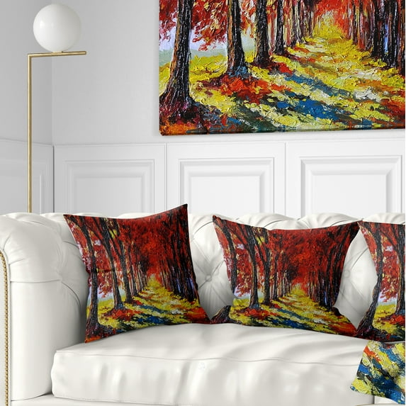 Designart Autumn Forest with Red Leaves - Landscape Printed Throw Pillow - 18x18