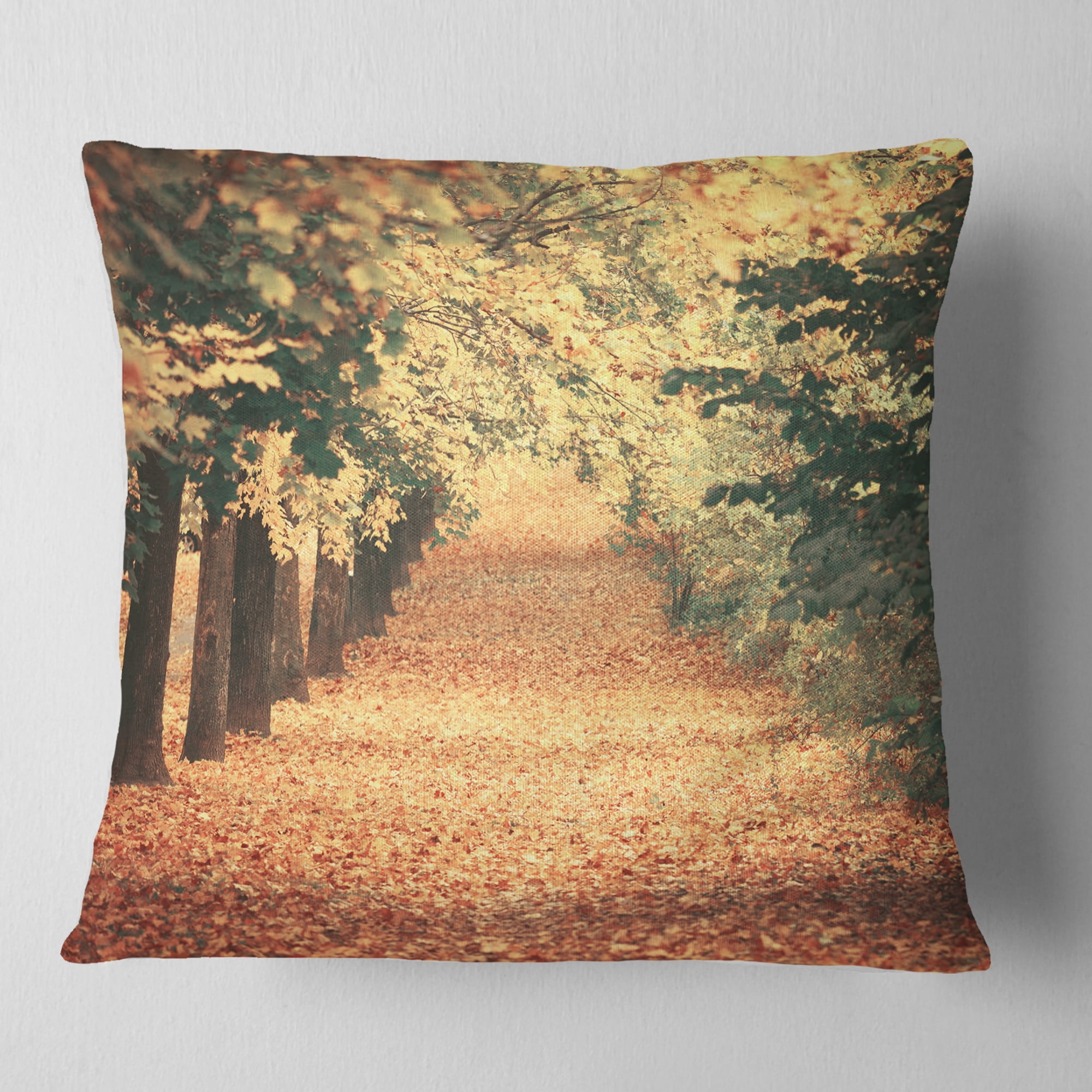 Designart Autumn Forest with Walking Path - Modern Forest Throw Pillow - 18x18