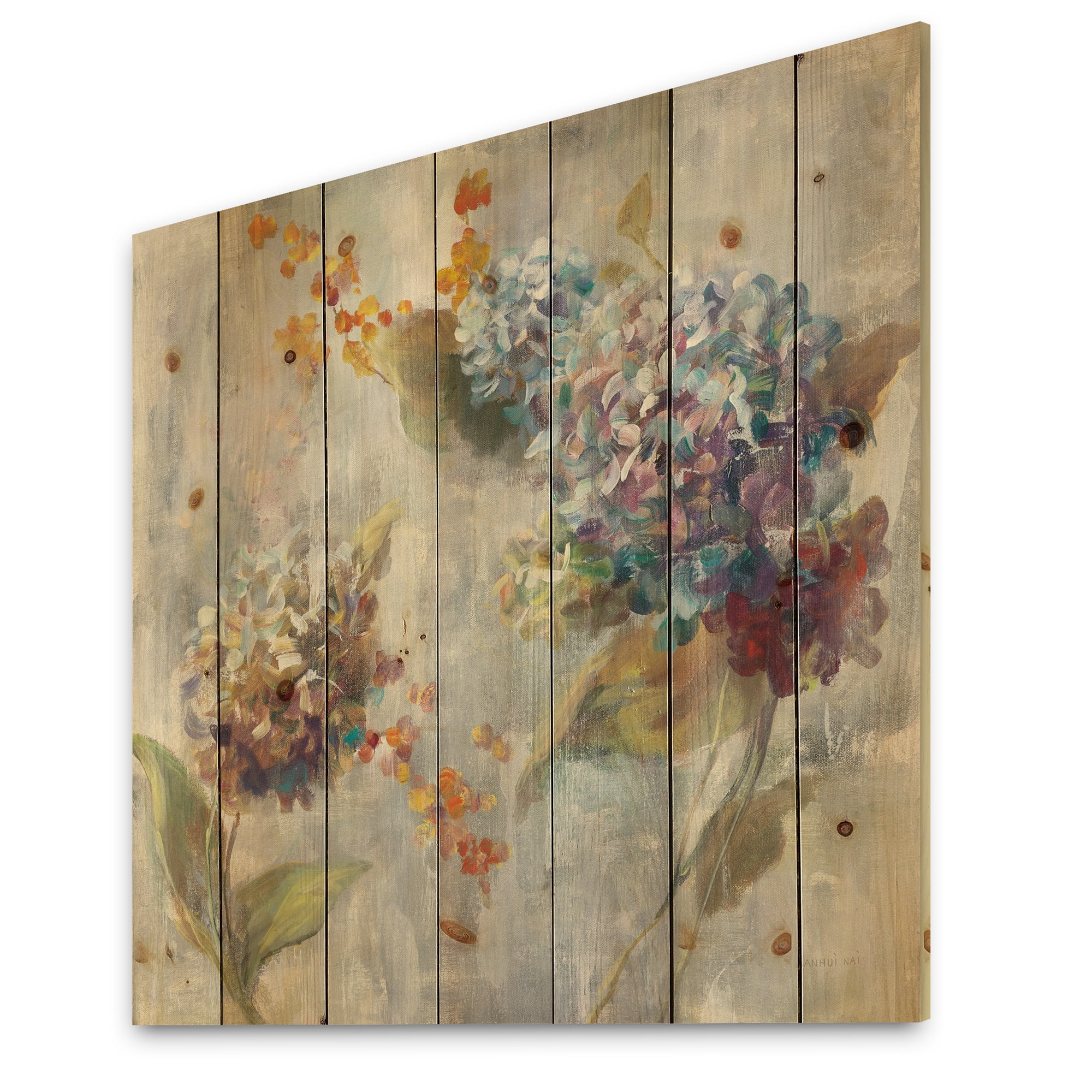 Designart 'Autumn Hydrangea Blue and Orange' Traditional Print on Natural Pine Wood