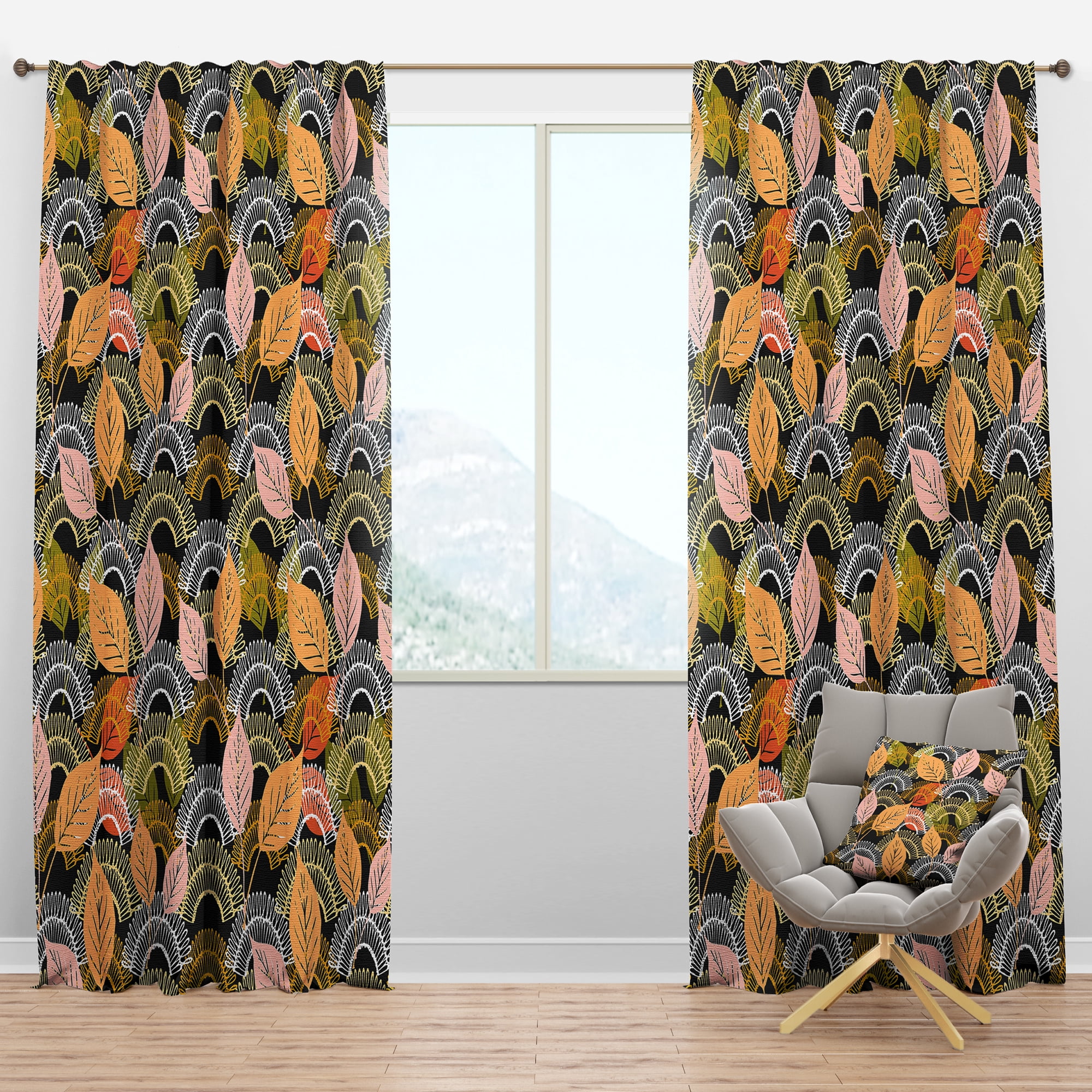 Designart 'Autumn Lace Textured Leaves Pattern' Mid-Century Modern Blackout Curtain Panel