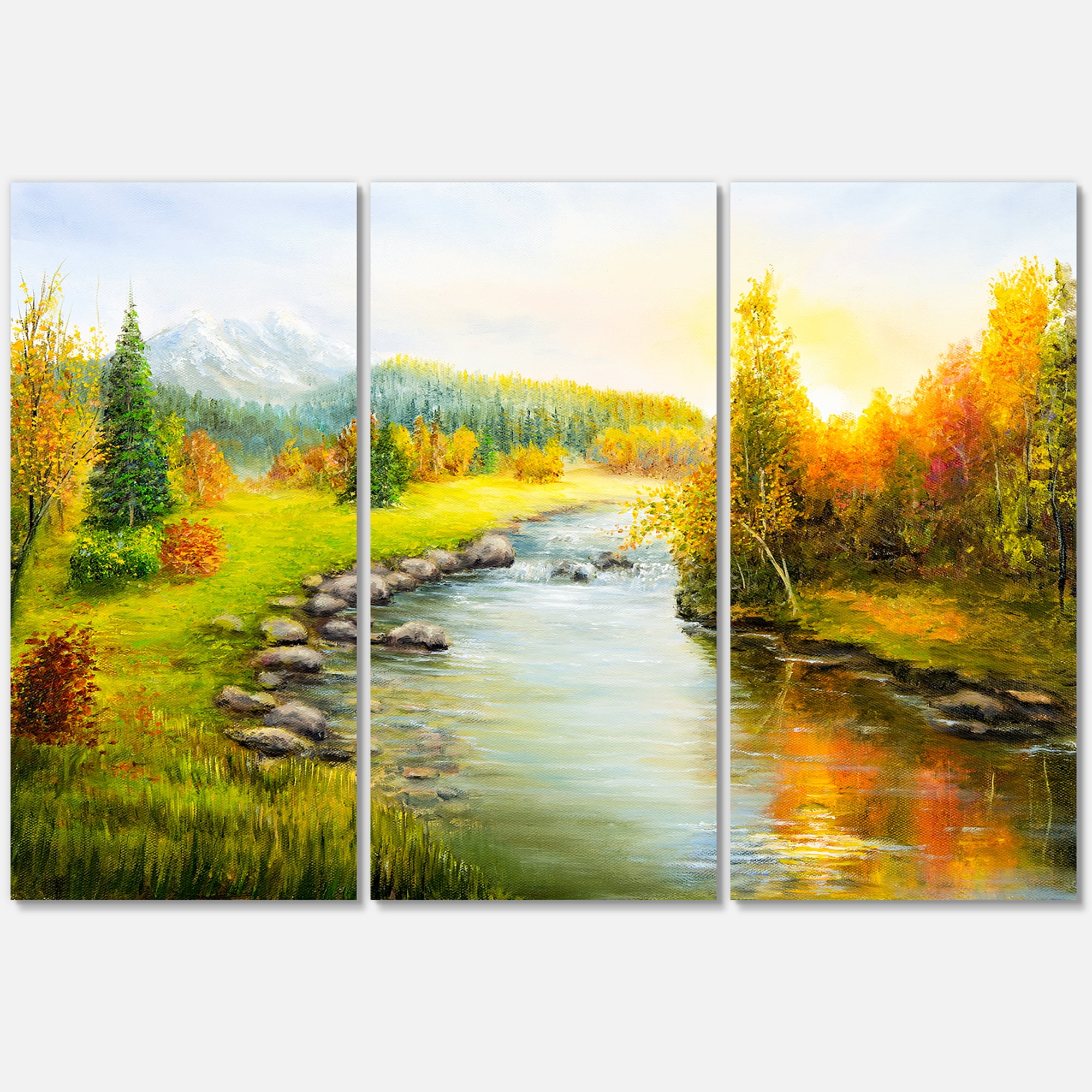Designart ' Autumn Landscape With Forest River and Mountains ' Lake House Canvas Wall Art Print