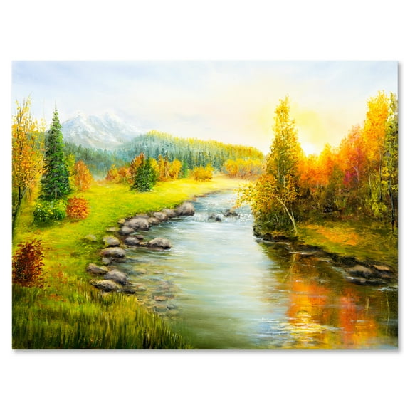 Designart ' Autumn Landscape With Forest River and Mountains ' Lake House Canvas Wall Art Print