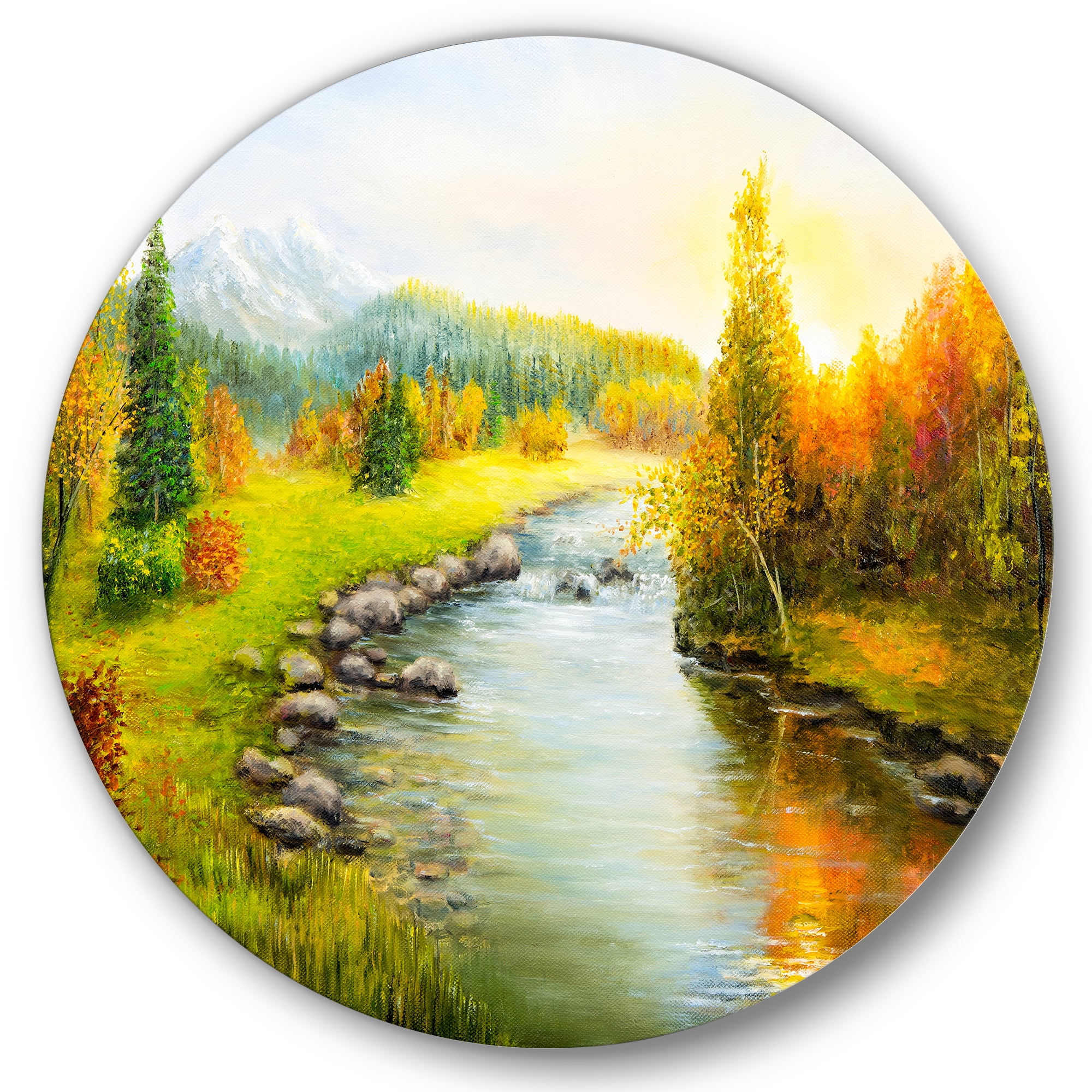 Designart 'Autumn Landscape With Forest River and Mountains' Lake House Circle Metal Wall Art 29x29 - Disc of 29