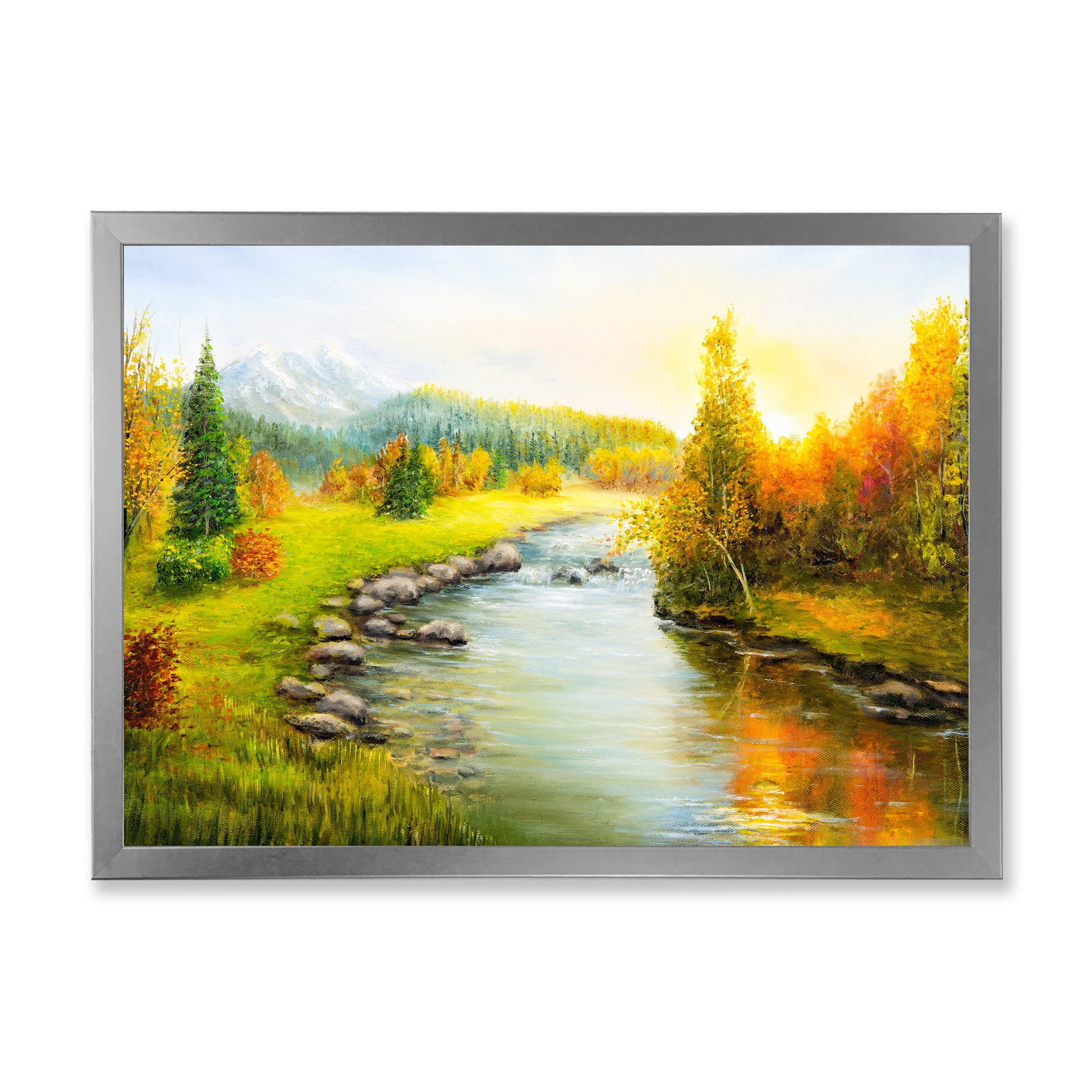 Designart 'Autumn Landscape With Forest River and Mountains' Lake House Framed Art Print