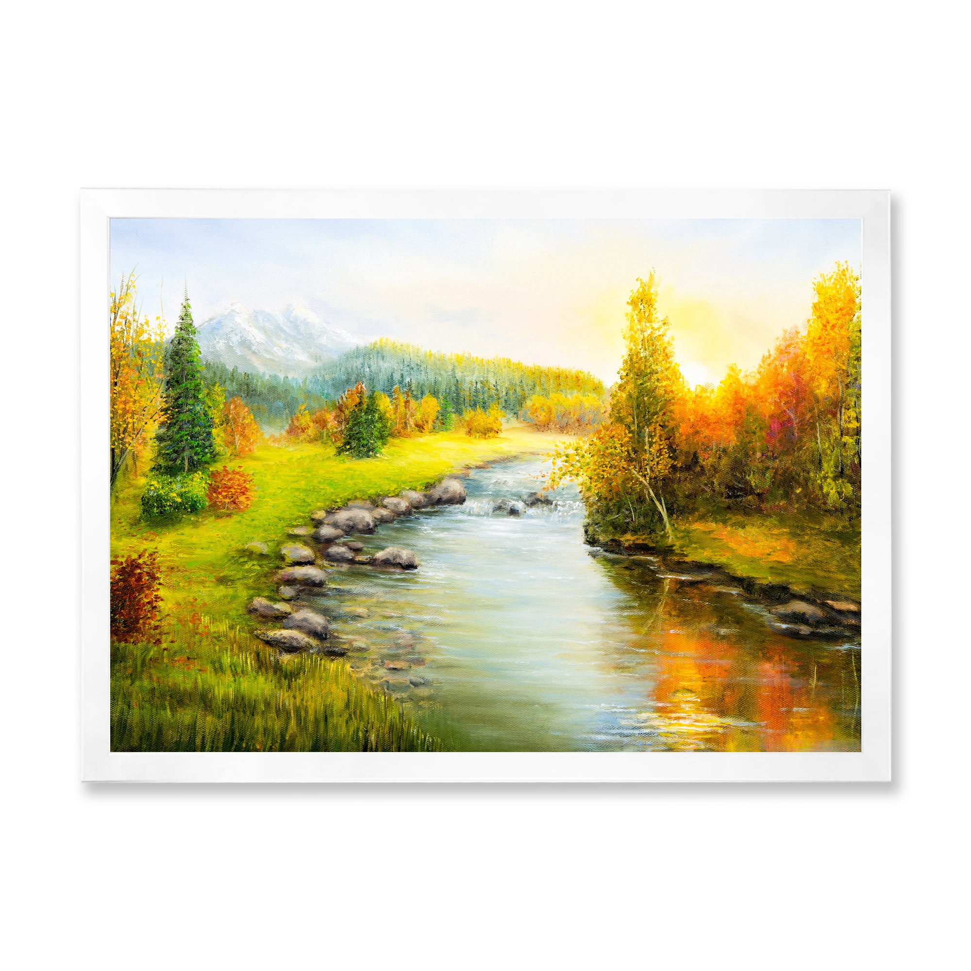Designart 'Autumn Landscape With Forest River and Mountains' Lake House Framed Art Print