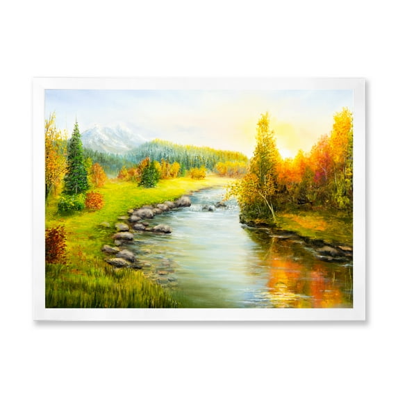 Designart 'Autumn Landscape With Forest River and Mountains' Lake House Framed Art Print