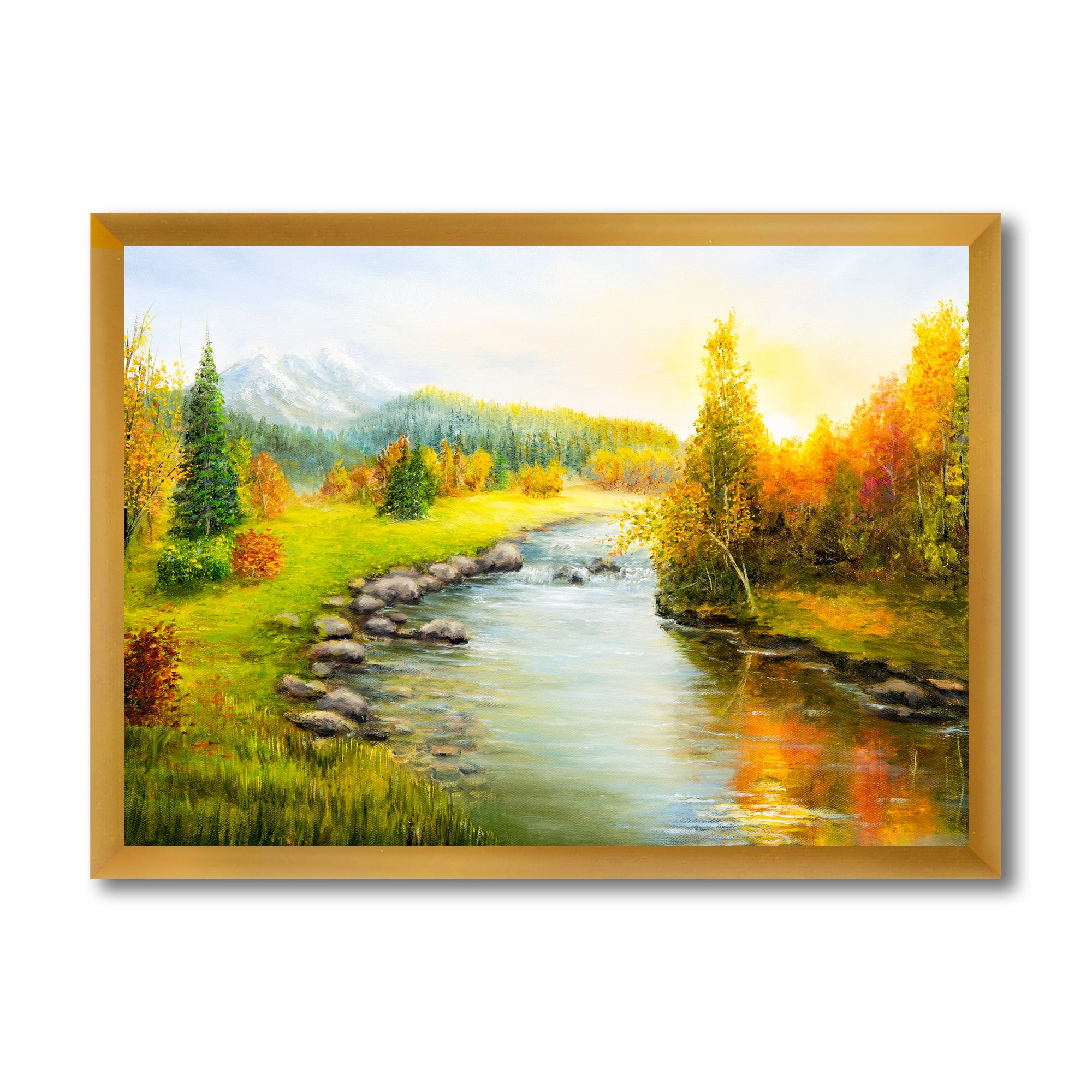 Designart 'Autumn Landscape With Forest River and Mountains' Lake House Framed Art Print