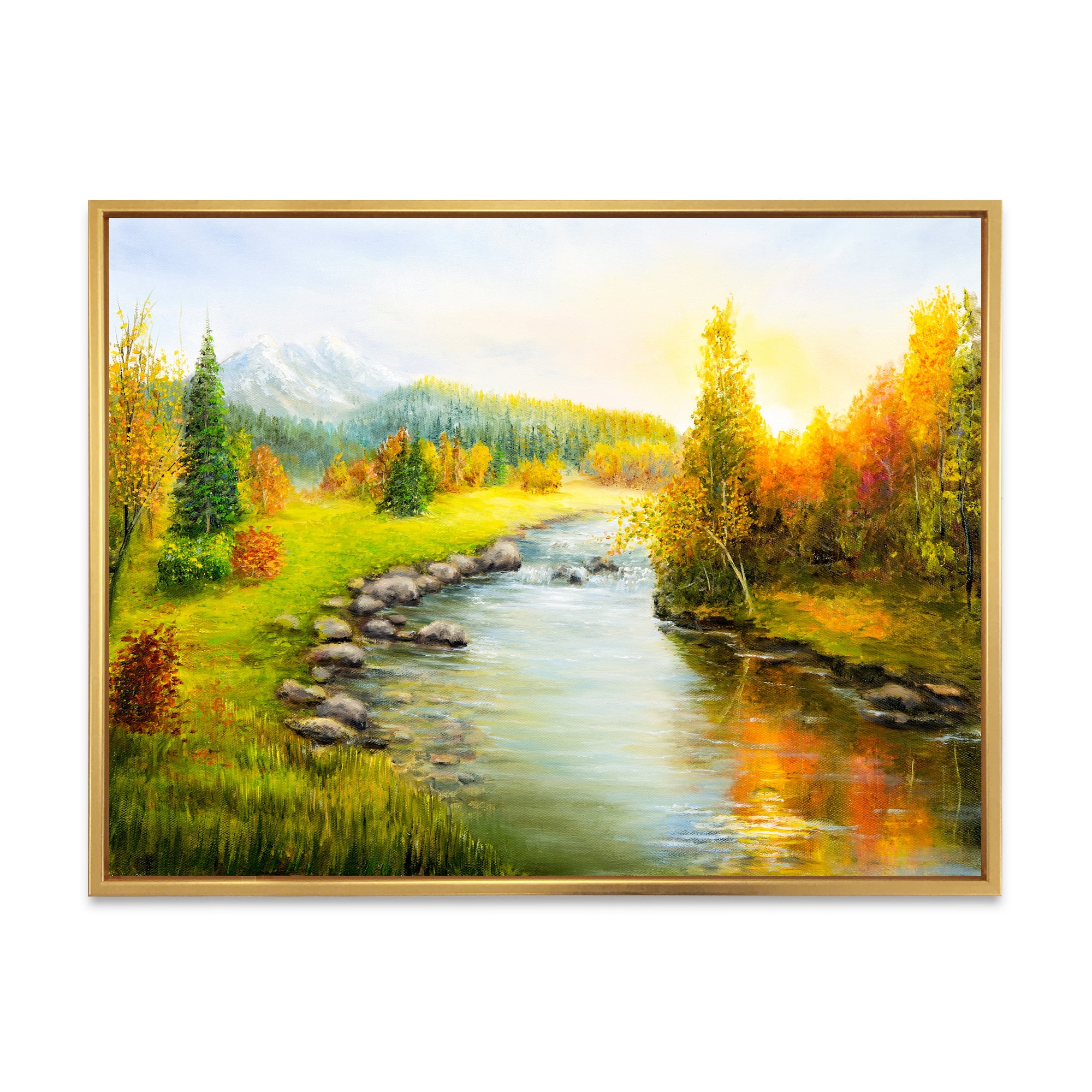 Designart 'Autumn Landscape With Forest River and Mountains' Lake House Framed Canvas Wall Art Print