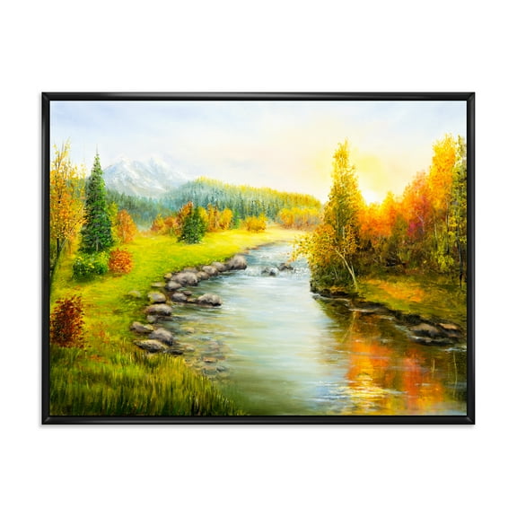Designart 'Autumn Landscape With Forest River and Mountains' Lake House Framed Canvas Wall Art Print