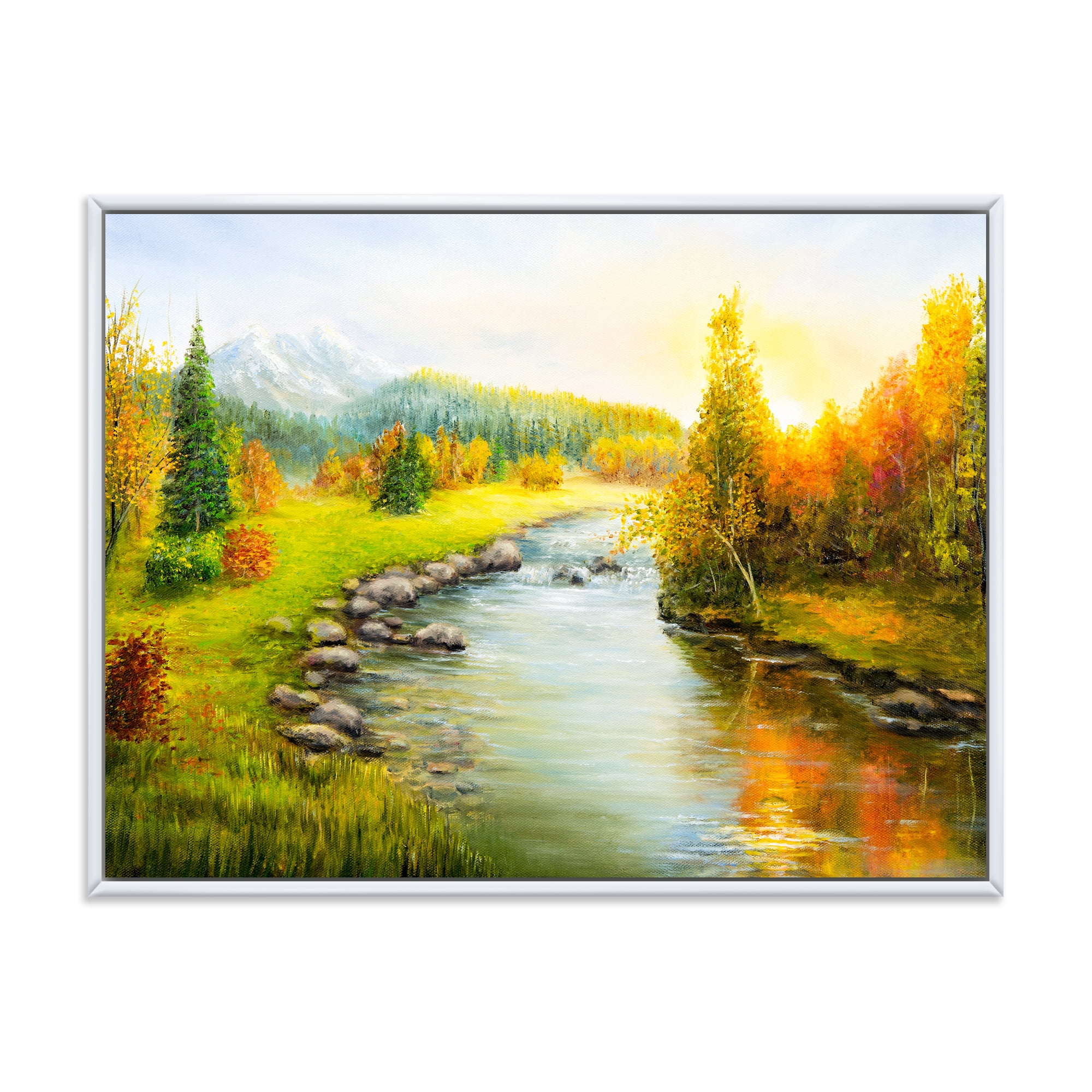 Designart 'Autumn Landscape With Forest River and Mountains' Lake House Framed Canvas Wall Art Print