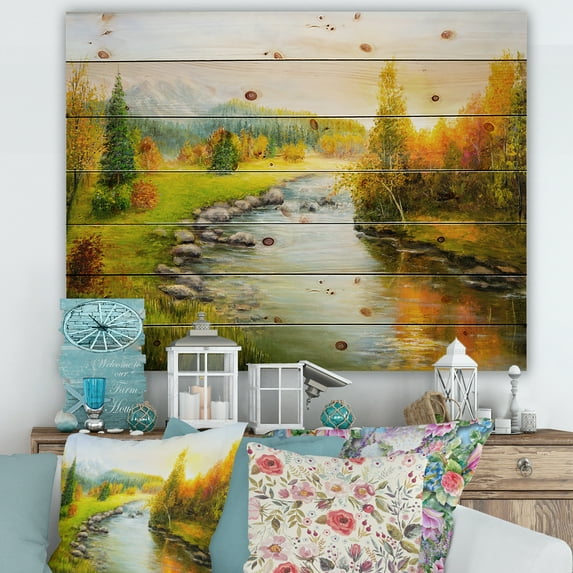 Designart 'Autumn Landscape With Forest River and Mountains' Lake House Print on Natural Pine Wood