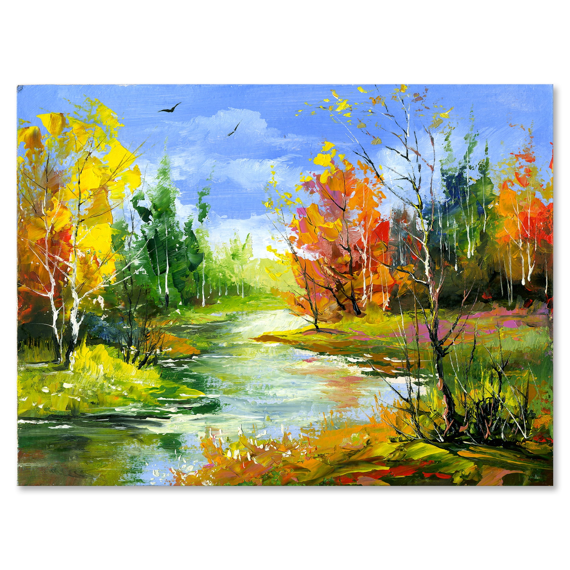 Designart ' Autumn Landscape With Forest and River ' Lake House Canvas Wall Art Print