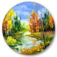thumbnail image 1 of Designart 'Autumn Landscape With Forest and River' Lake House Circle Metal Wall Art 11x11 - Disc of 11, 1 of 1