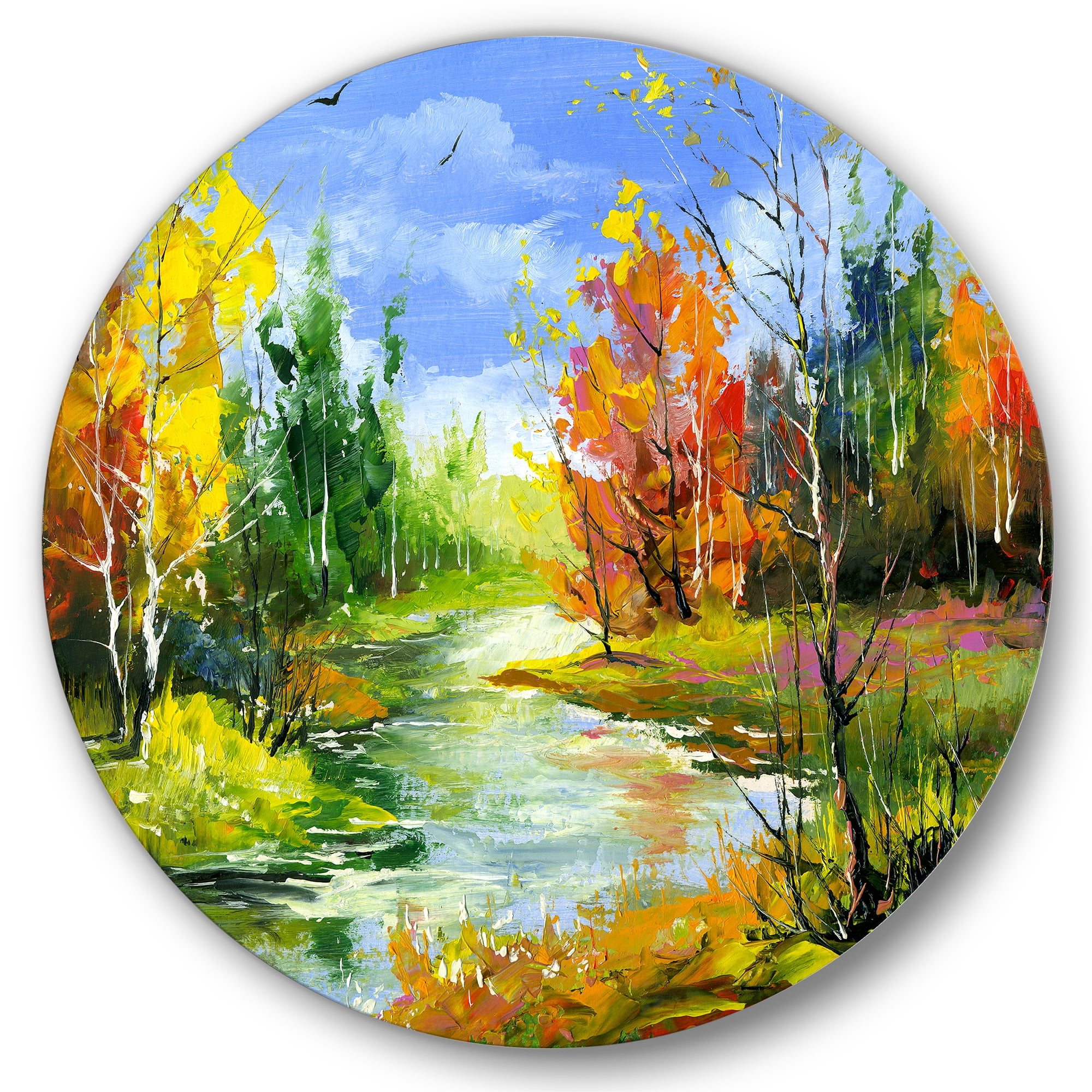 Designart 'Autumn Landscape With Forest and River' Lake House Circle Metal Wall Art 23x23 - Disc of 23
