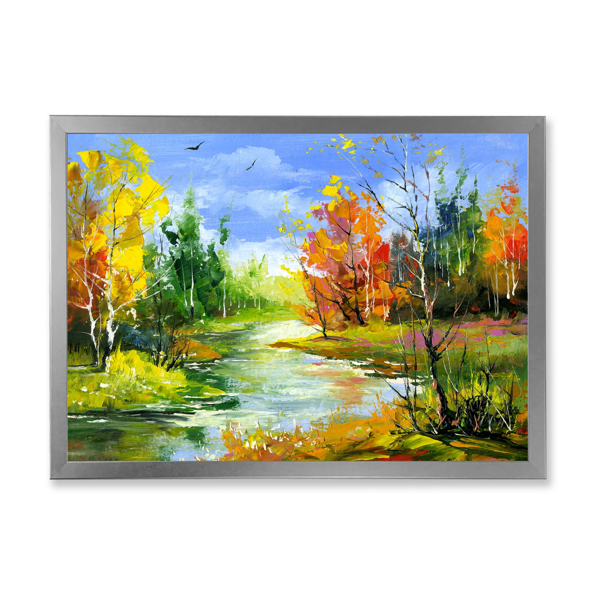 Designart 'Autumn Landscape With Forest and River' Lake House Framed Art Print