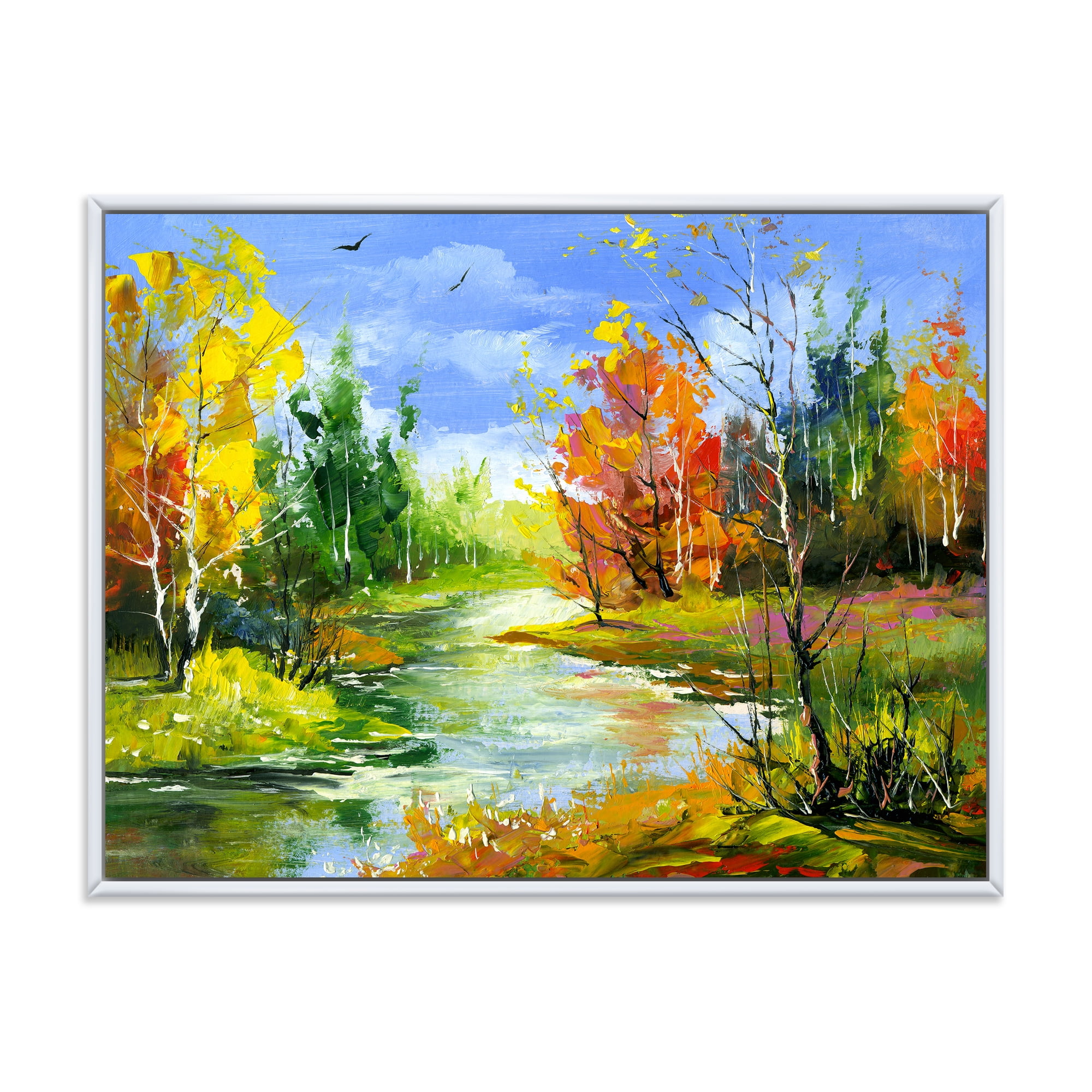 Designart 'Autumn Landscape With Forest and River' Lake House Framed Canvas Wall Art Print