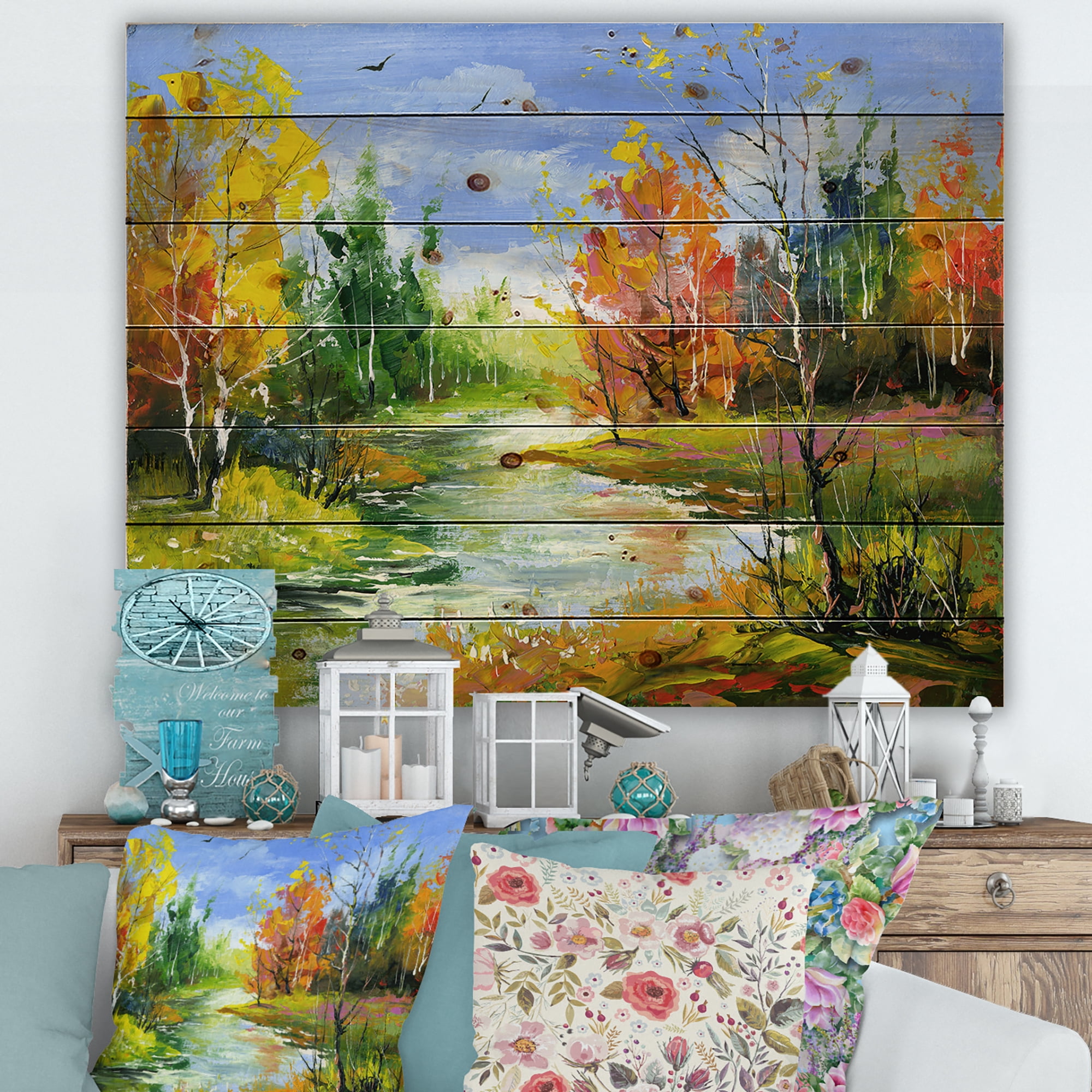 Designart 'Autumn Landscape With Forest and River' Lake House Print on Natural Pine Wood