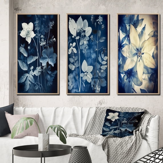 Designart "Autumn Leaves in Faded Blue Vintage Botanical II" Abstract Botanicals Framed Wall Art Set Of 3 - Blue Modern Frame Canvas Set For Living Room Decor
