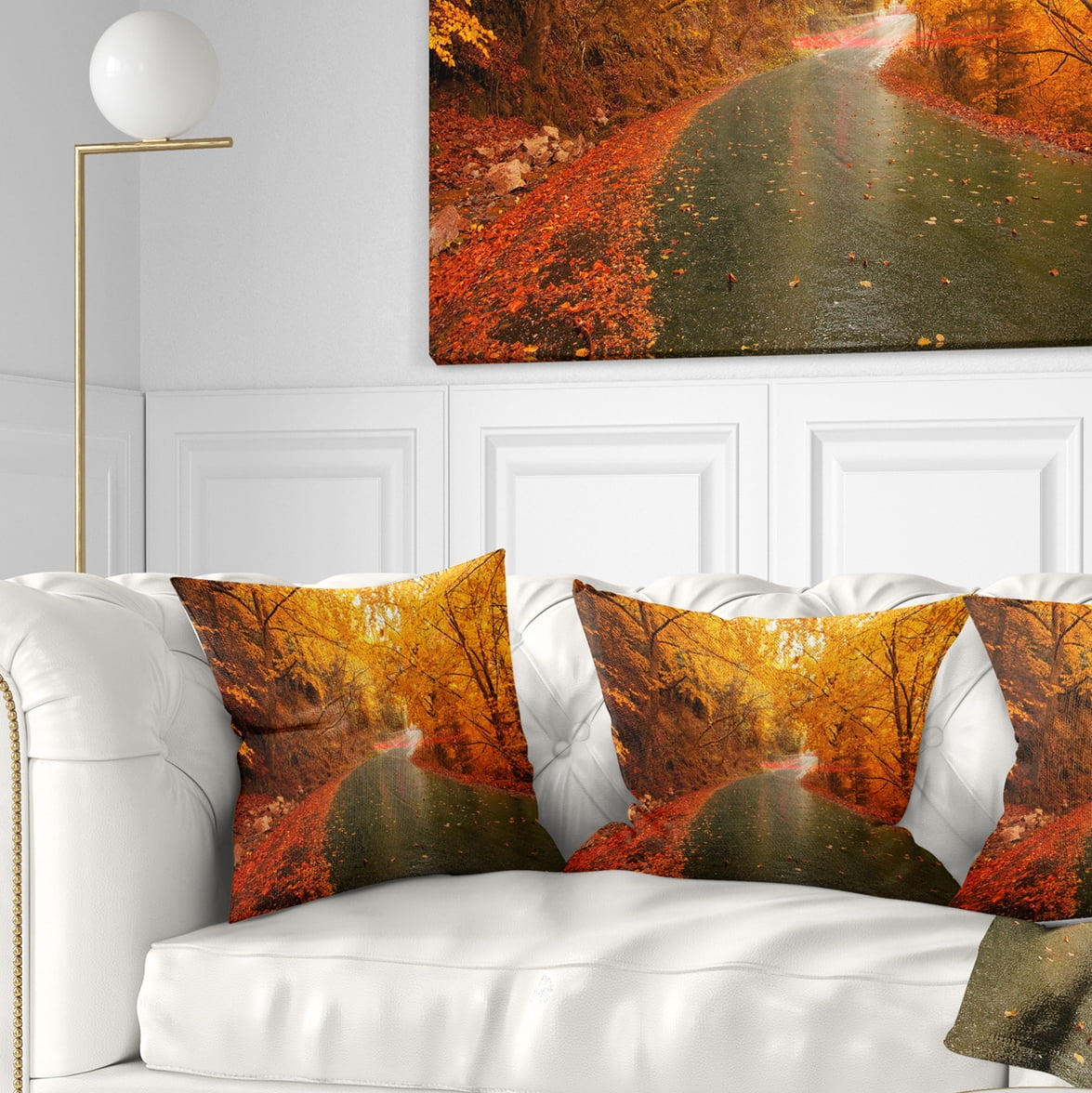 Designart Autumn Light Trails on Road - Landscape Photography Throw Pillow - 16x16
