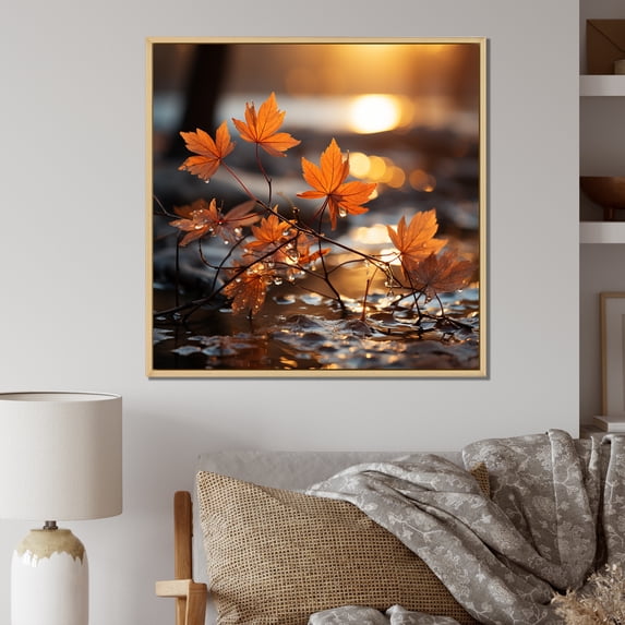 Designart "Autumn Maple Leaves in Orange I" Landscapes Framed Wall Art - Country Orange Cottage Lake Mountains Living Room Framed Canvas Art