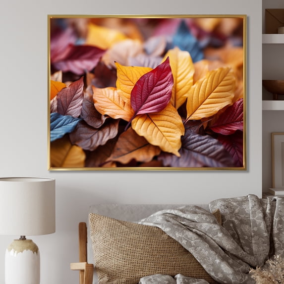 Designart "Autumn Maple Leaves in Orange II" Floral Framed Wall Art - Traditional Orange Tree Maple Entryway Framed Wall Art Print