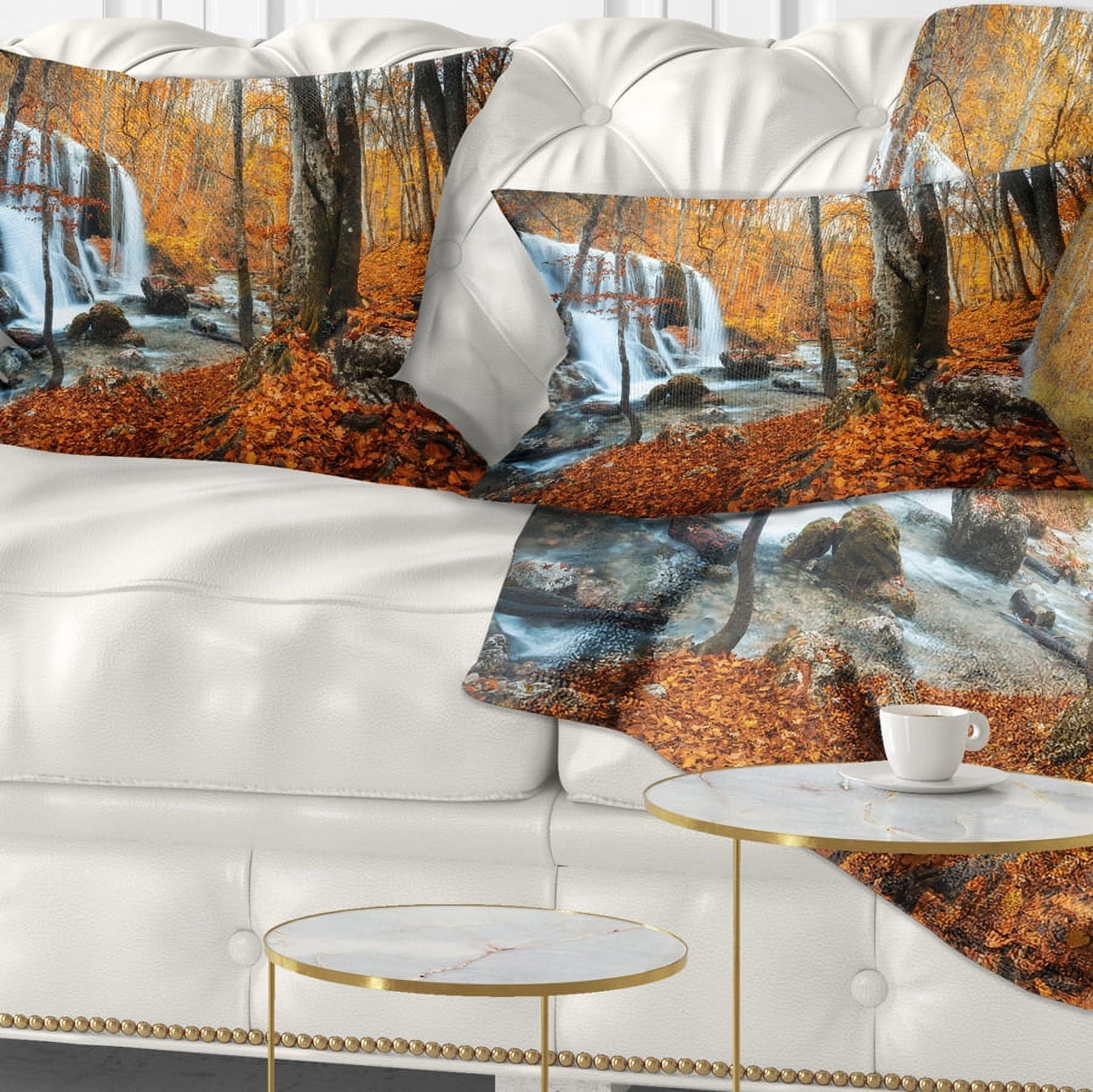 Designart Autumn Mountain Waterfall Close View - Landscape Photography Throw Pillow - 12x20