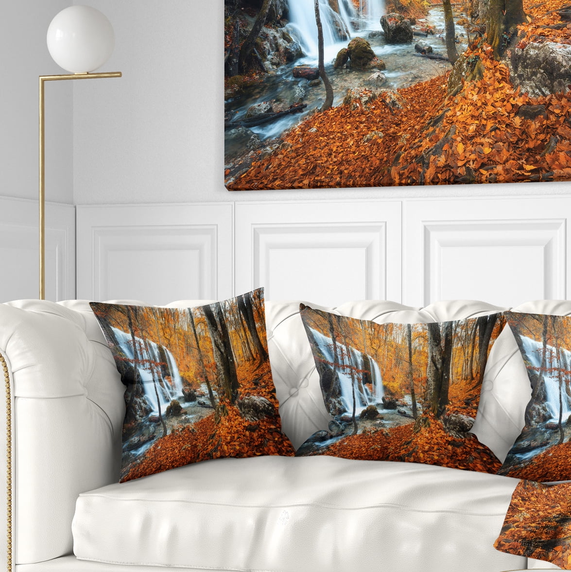 Designart Autumn Mountain Waterfall Close View - Landscape Photography Throw Pillow - 16x16