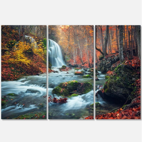 Designart 'Autumn Mountain Waterfall Long View ' Landscape Photography Canvas Print