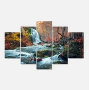 Designart 'Autumn Mountain Waterfall Long View ' Landscape Photography Canvas Print