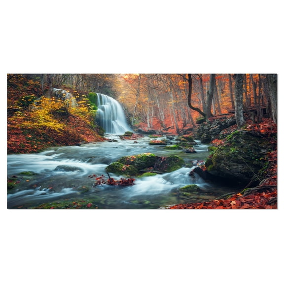 Designart 'Autumn Mountain Waterfall Long View ' Landscape Photography Canvas Print