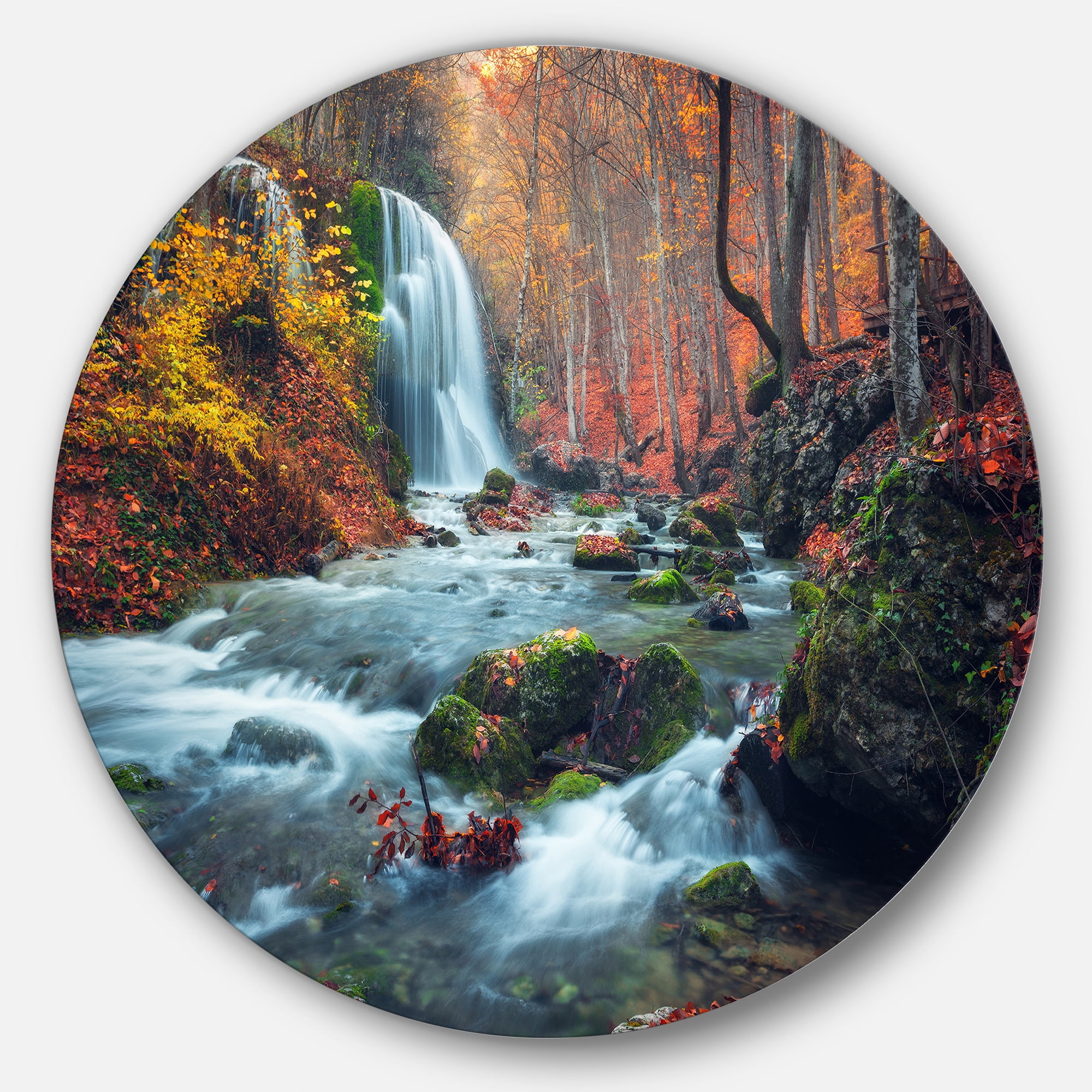 Designart 'Autumn Mountain Waterfall Long View' Landscape Photography  Circle Metal Wall Art