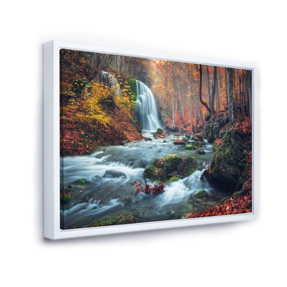 Designart ' Autumn Mountain Waterfall Long View ' Landscape Photography Framed Canvas Print