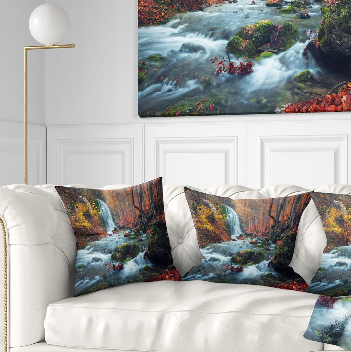Designart Autumn Mountain Waterfall Long View - Landscape Photography Throw Pillow - 18x18