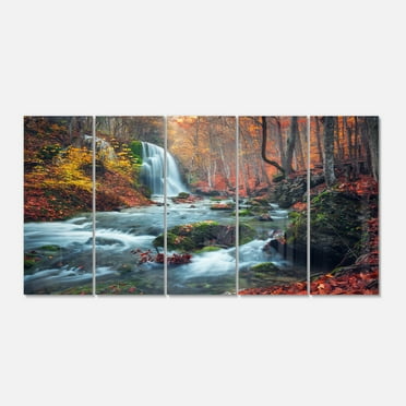 Designart 'Autumn Mountain Waterfall Long View' Metal Wall Art