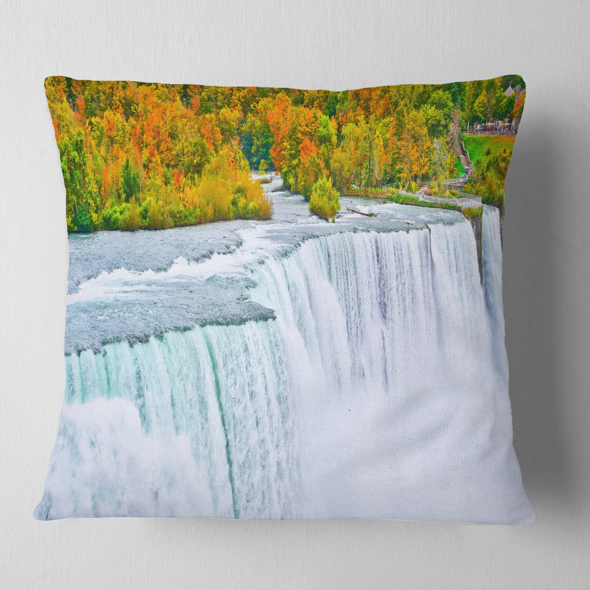Designart Autumn Niagara Falls Panorama - Landscape Printed Throw Pillow - 16x16