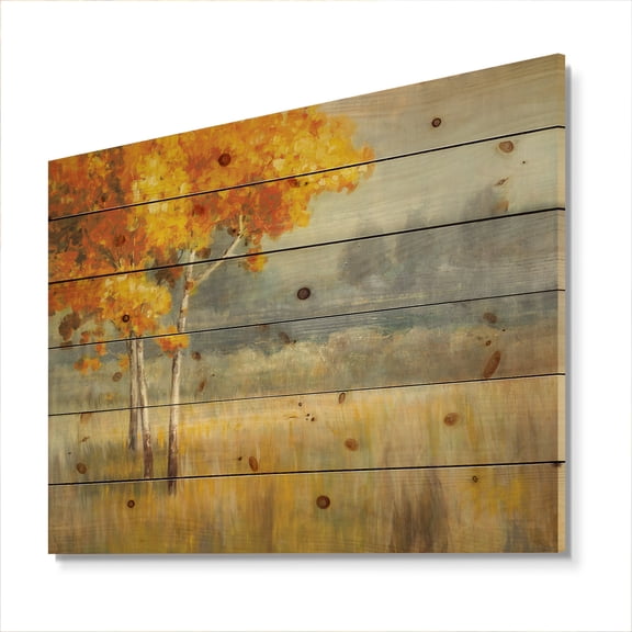 Designart 'Autumn Orange Landscape' Farmhouse Print on Natural Pine Wood