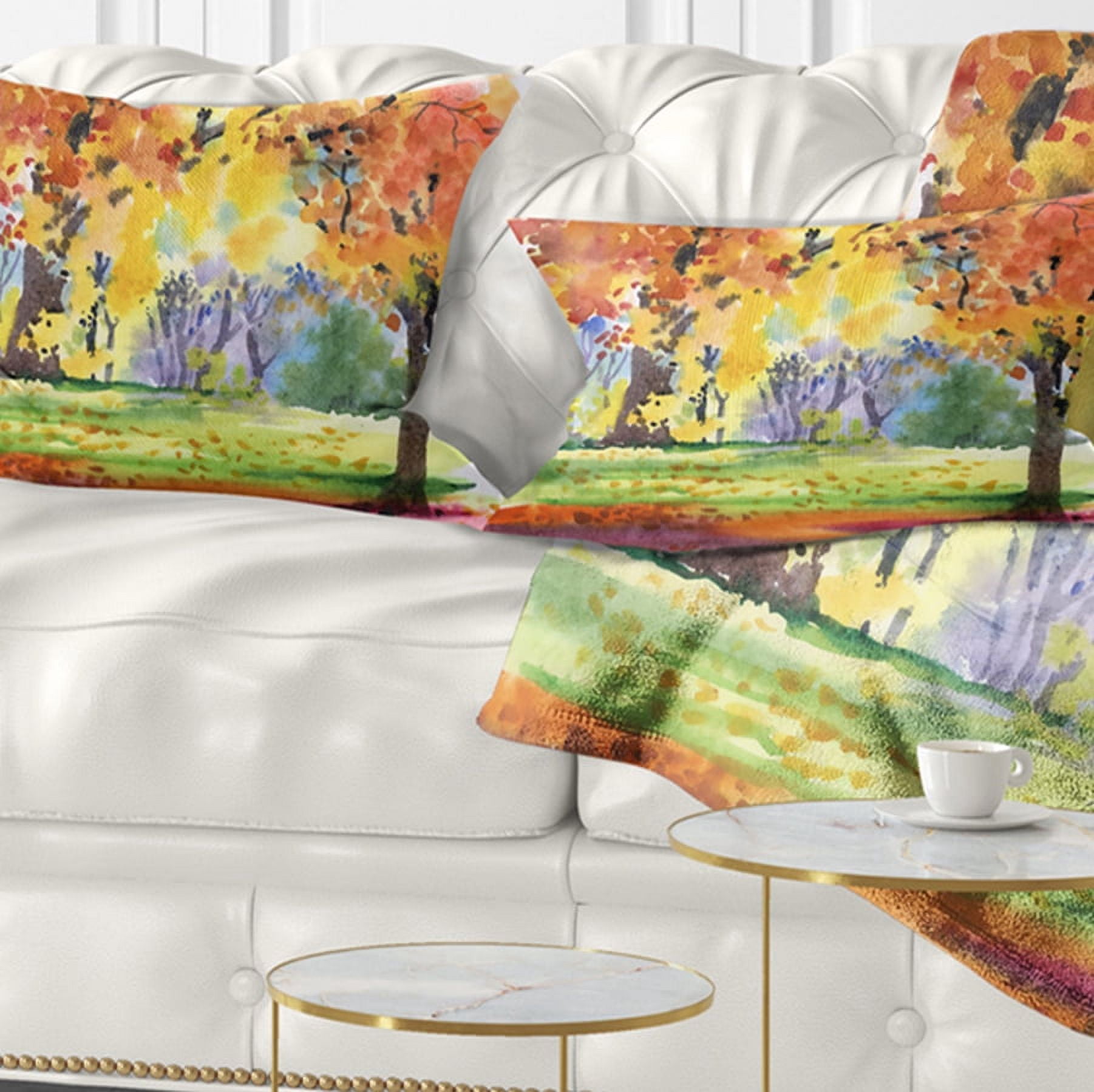 Designart Autumn Park Yellow Trees Watercolor - Landscape Printed Throw Pillow - 12x20